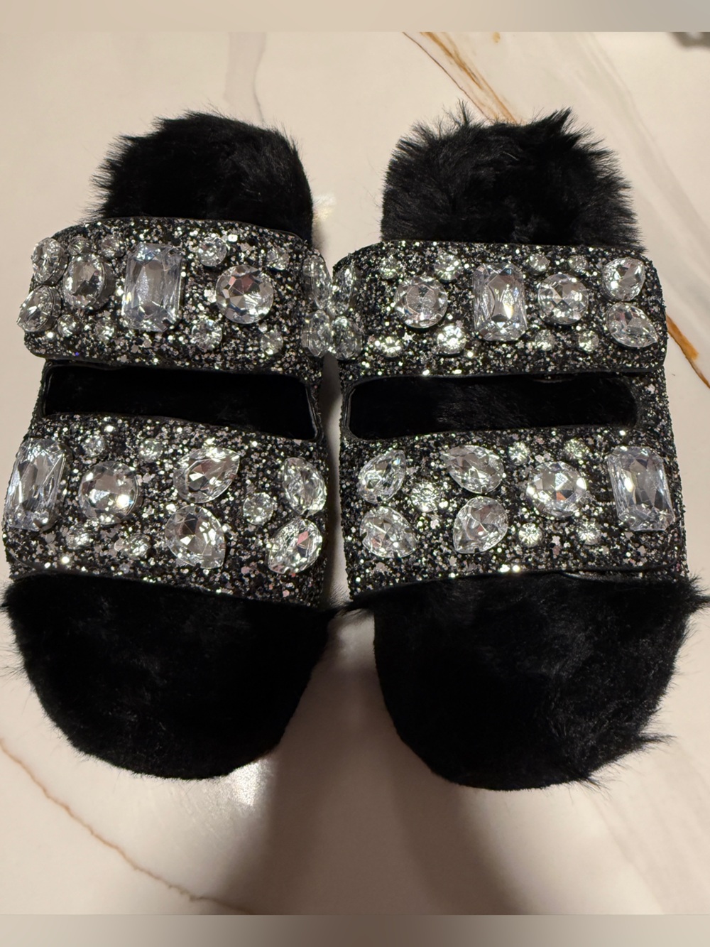 Michael Kors Black Jeweled Fur Slide Sandals